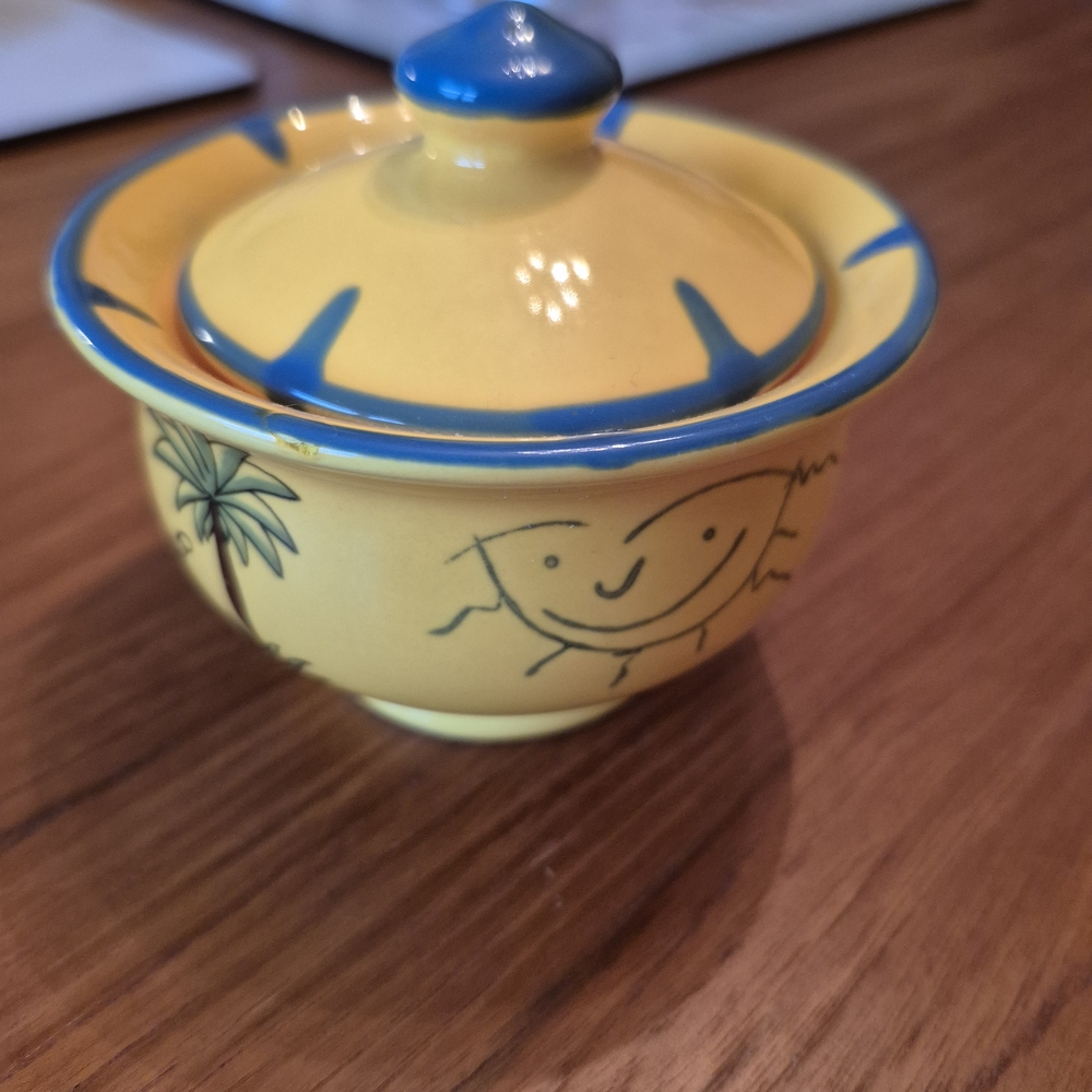Pottery Barn Vintage Yellow Ceramic Bowl with Lid Safari Soleil